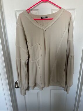Beige V-Neck Pocket Long Sleeve Top